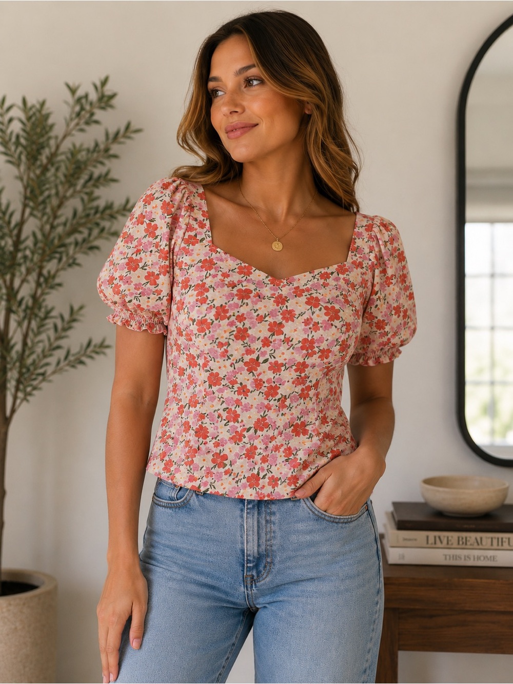 Blu Pepper Pink Floral Puff-Sleeve Square Neck Crop Top